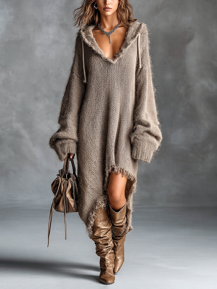 MATHILDE | Fuzzy Hooded Knit Midi Dress