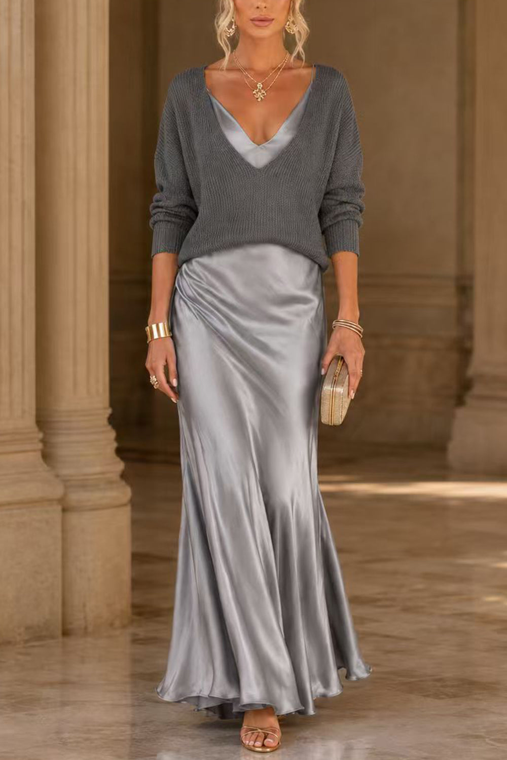 Jessa | V-Neck Sweater &amp; Satin Maxi Dress Set