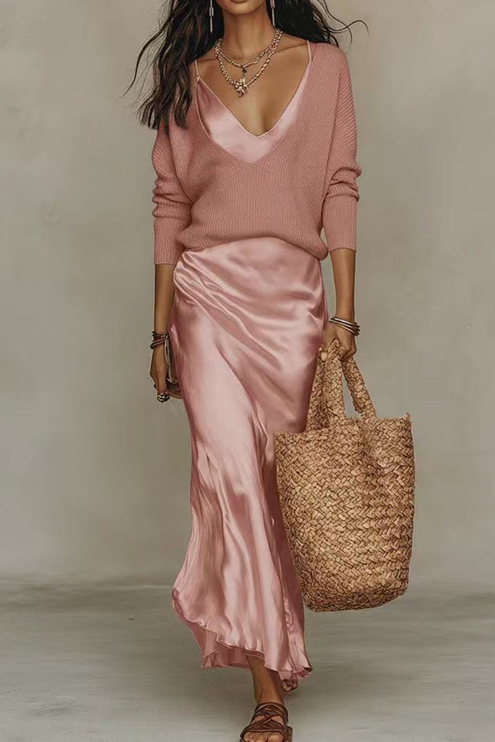Jessa | V-Neck Sweater &amp; Satin Maxi Dress Set