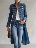 Women's Long Fitted Military-Style Denim Coat with Gold Buttons
