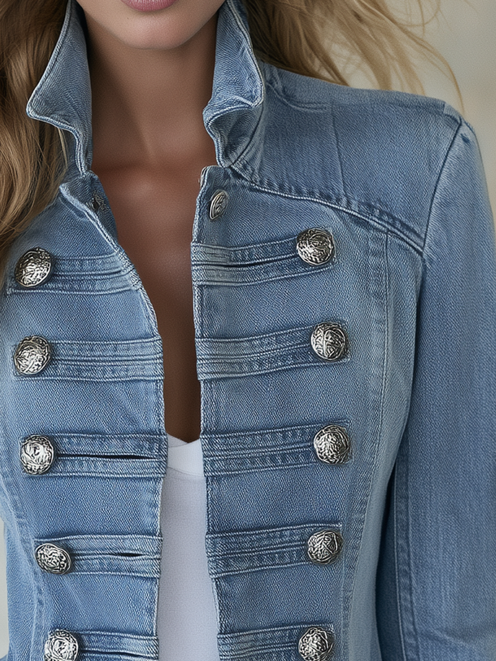 Blue Military-Style Double-Breasted Denim Coat