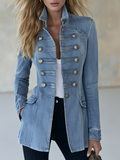 Blue Military-Style Double-Breasted Denim Coat