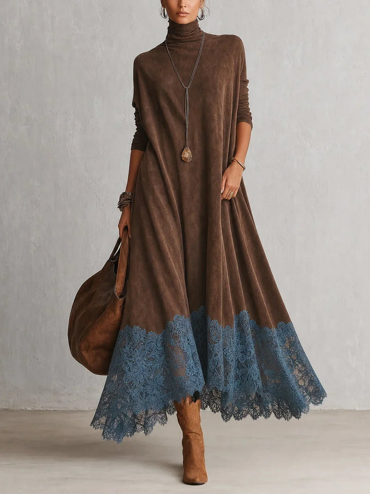 Amy | Suede-Effect Maxi Dress with Lace Hem