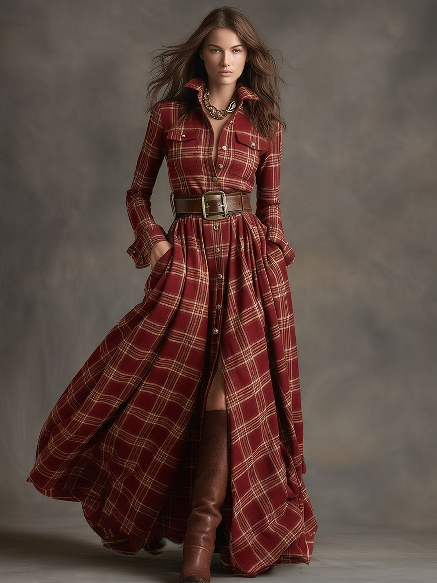 Elizabeth | Red Plaid Long Sleeve Button-Up Maxi Dress