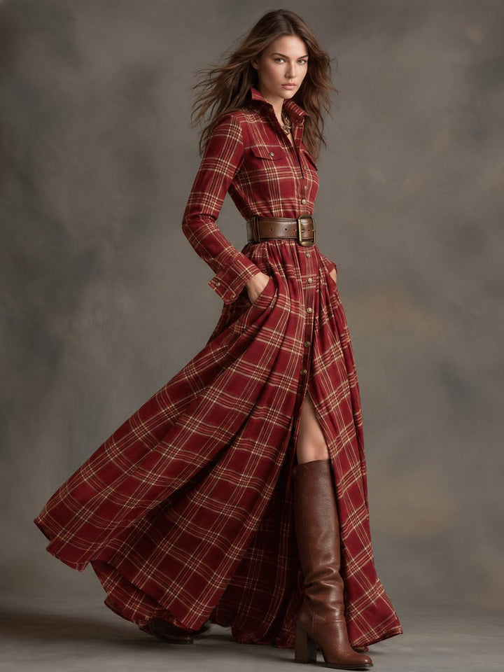 Elizabeth | Red Plaid Long Sleeve Button-Up Maxi Dress