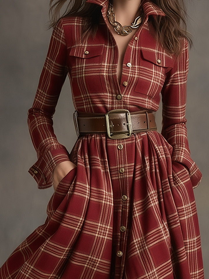 Elizabeth | Red Plaid Long Sleeve Button-Up Maxi Dress