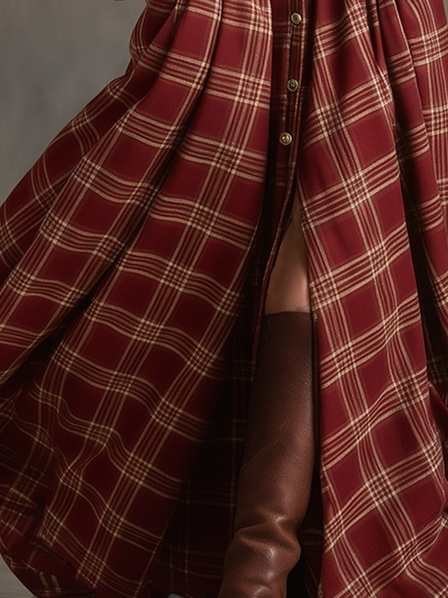 Elizabeth | Red Plaid Long Sleeve Button-Up Maxi Dress