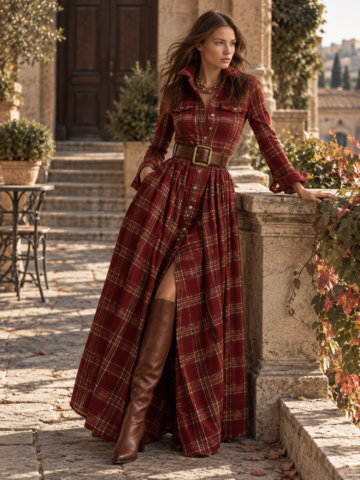 Elizabeth | Red Plaid Long Sleeve Button-Up Maxi Dress