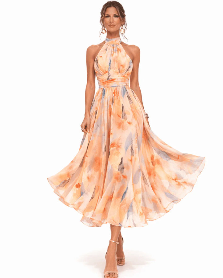 Aurore | Halter and Watercolour Print Neckline Dress