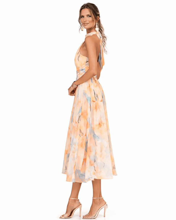 Aurore | Halter and Watercolour Print Neckline Dress
