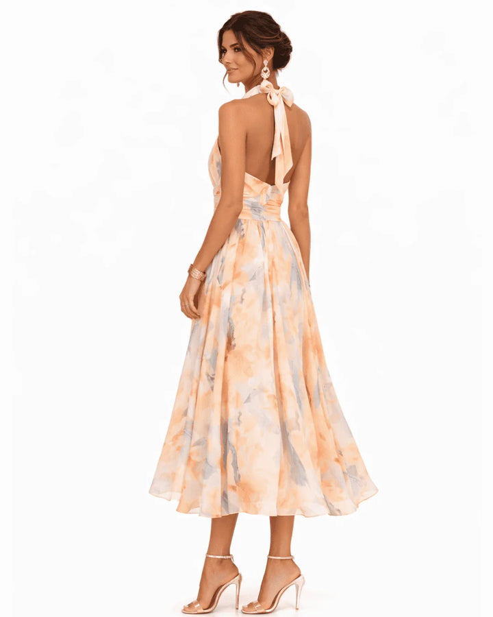 Aurore | Halter and Watercolour Print Neckline Dress