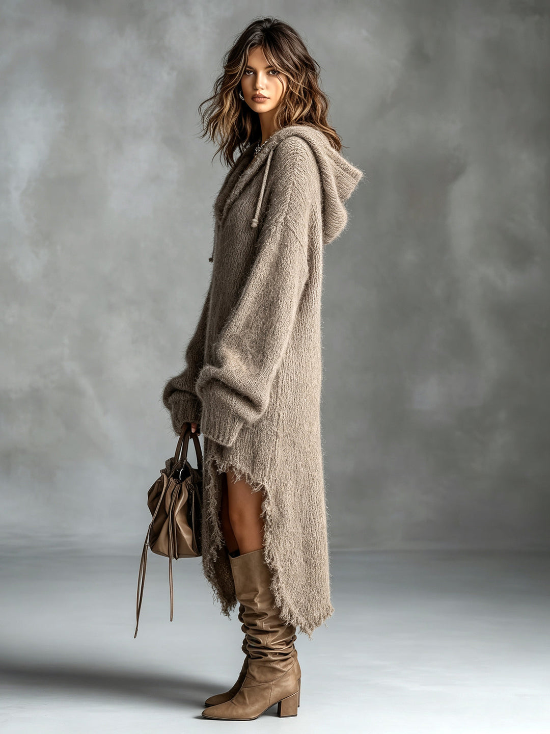 MATHILDE | Fuzzy Hooded Knit Midi Dress