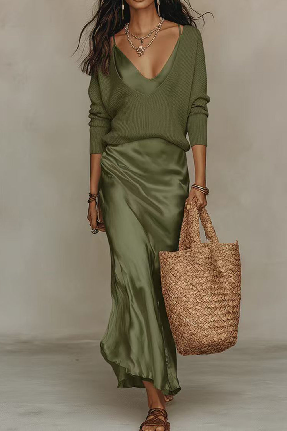 Jessa | V-Neck Sweater &amp; Satin Maxi Dress Set
