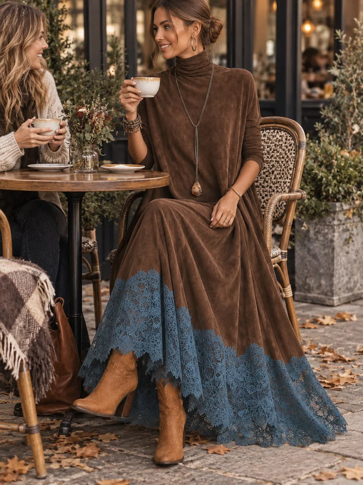 Amy | Suede-Effect Maxi Dress with Lace Hem