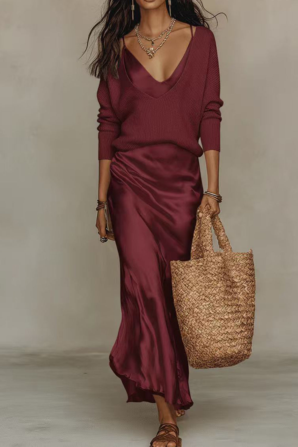 Jessa | V-Neck Sweater &amp; Satin Maxi Dress Set