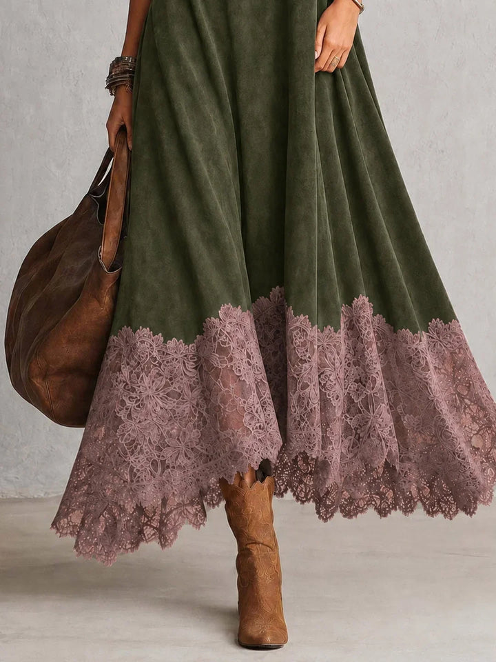 Amy | Suede-Effect Maxi Dress with Lace Hem
