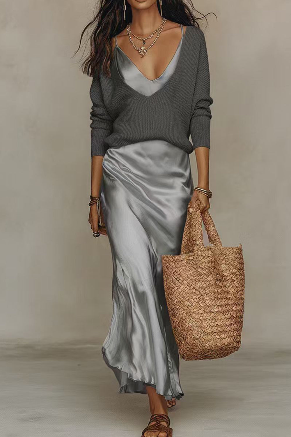 Jessa | V-Neck Sweater &amp; Satin Maxi Dress Set