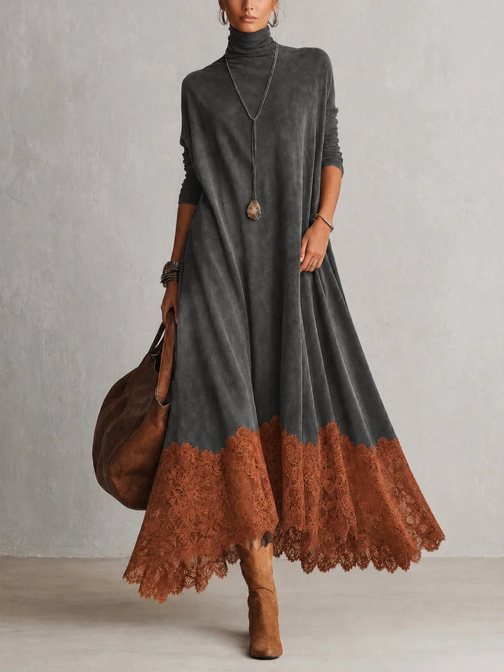 Amy | Suede-Effect Maxi Dress with Lace Hem