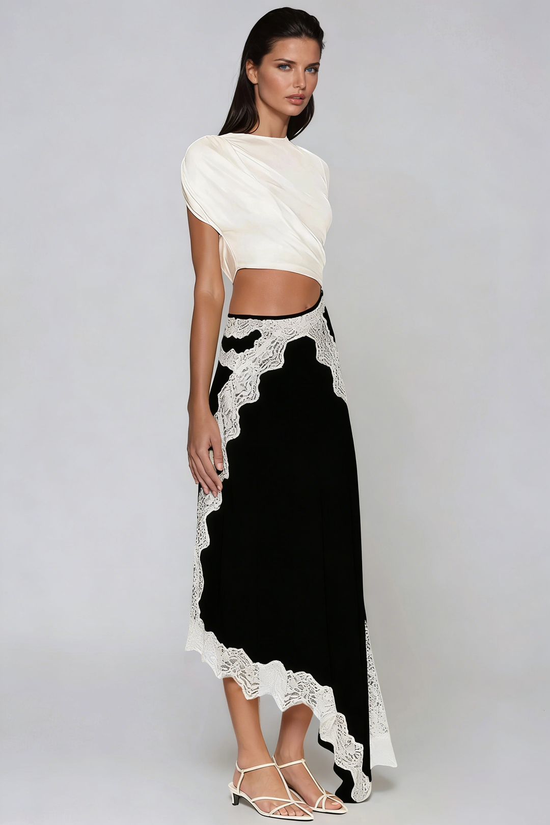 Bess Asymmetric Lace Satin Maxi Dress In Black