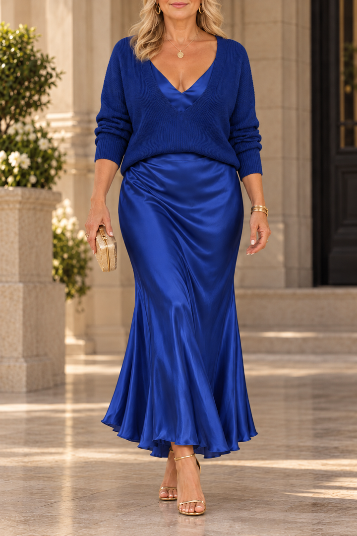 Jessa | V-Neck Sweater &amp; Satin Maxi Dress Set