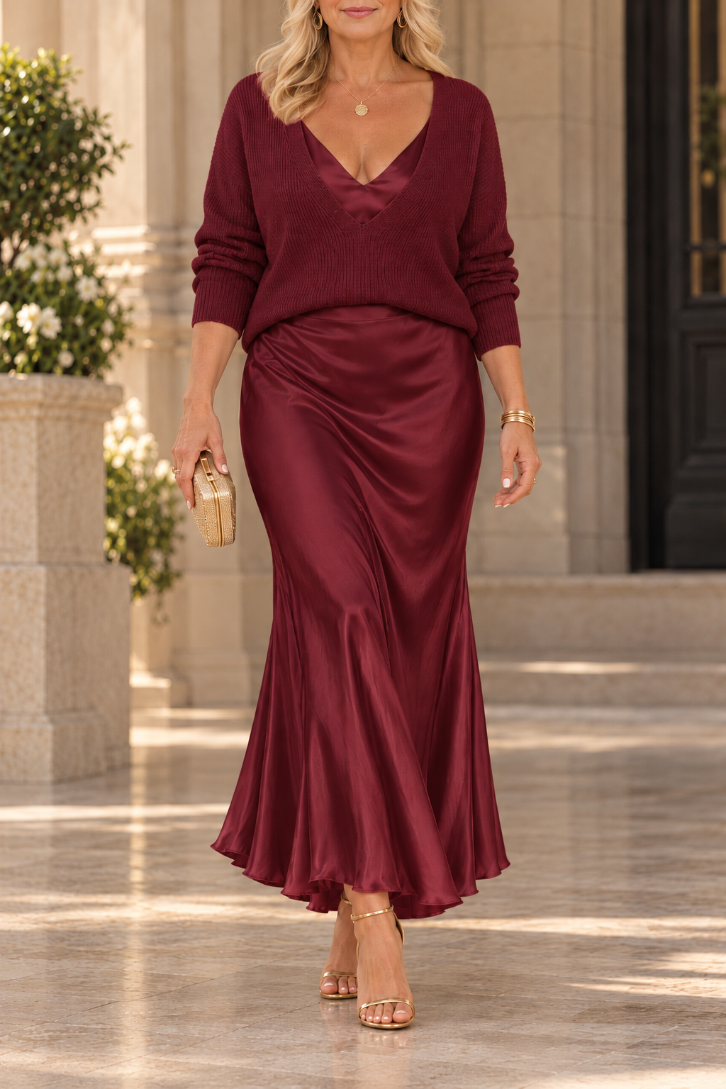 Jessa | V-Neck Sweater &amp; Satin Maxi Dress Set