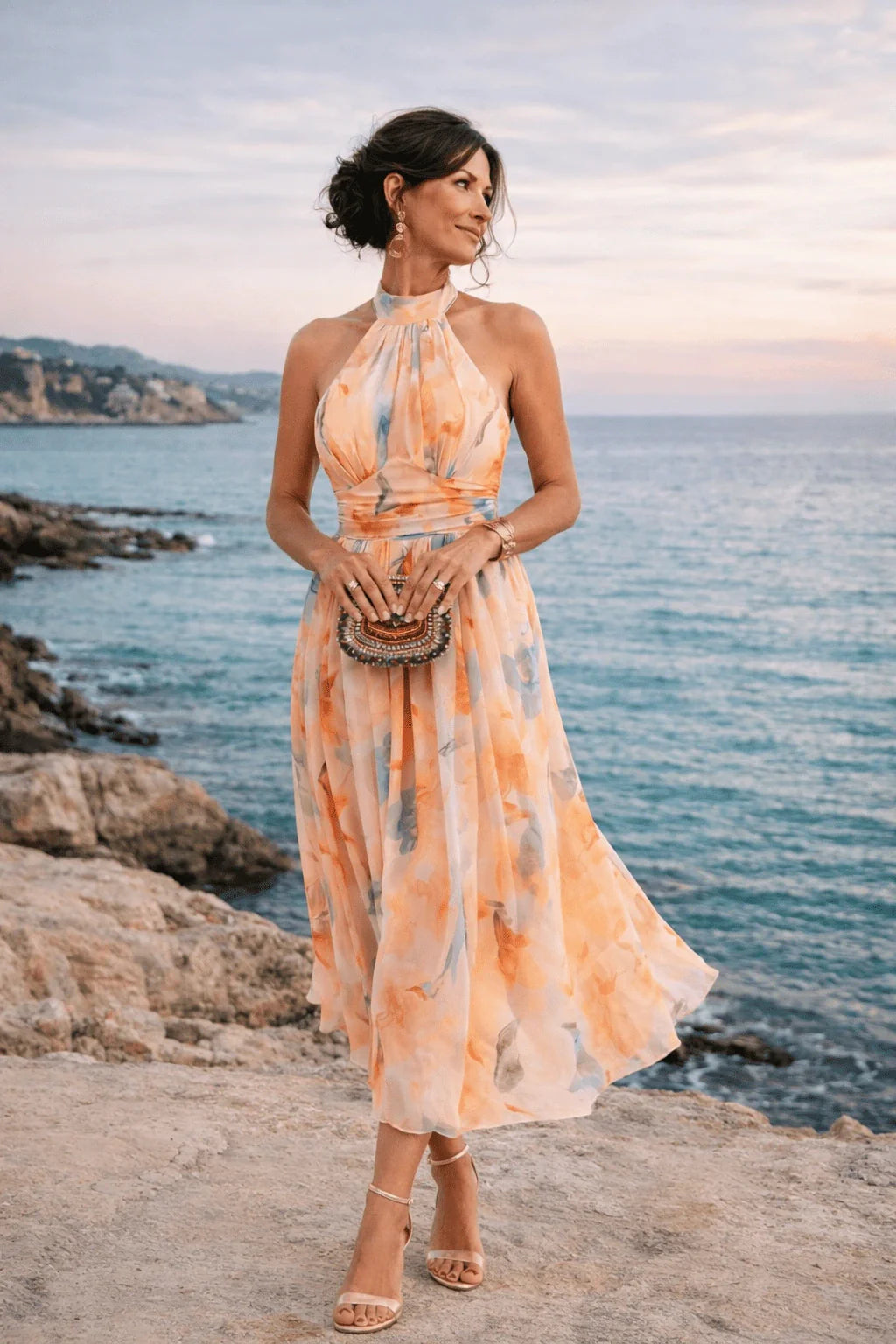 Aurore | Halter and Watercolour Print Neckline Dress