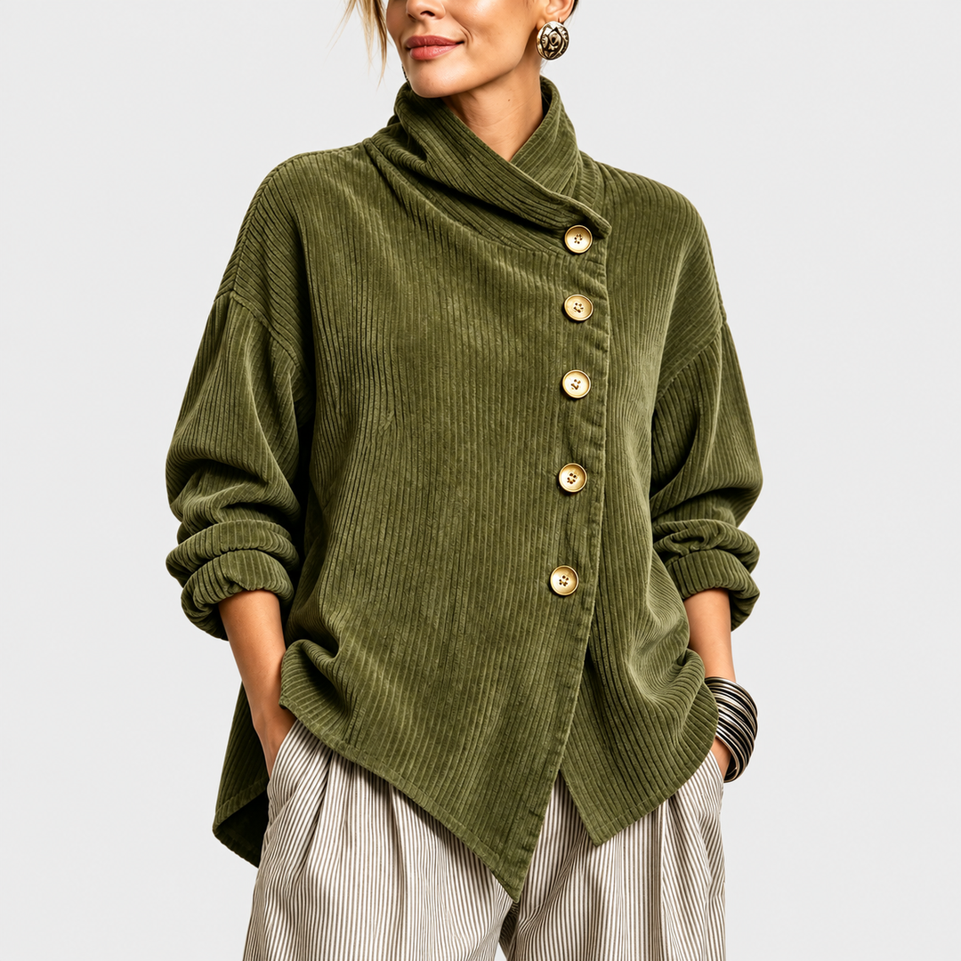 Nina™ | Asymmetric Button Corduroy Turtleneck
