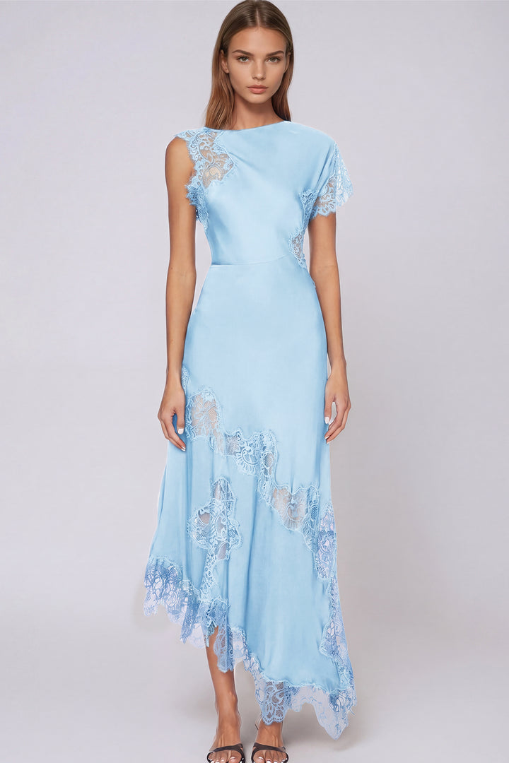 Firdaus Asymmetric Lace Maxi Dress In Blue
