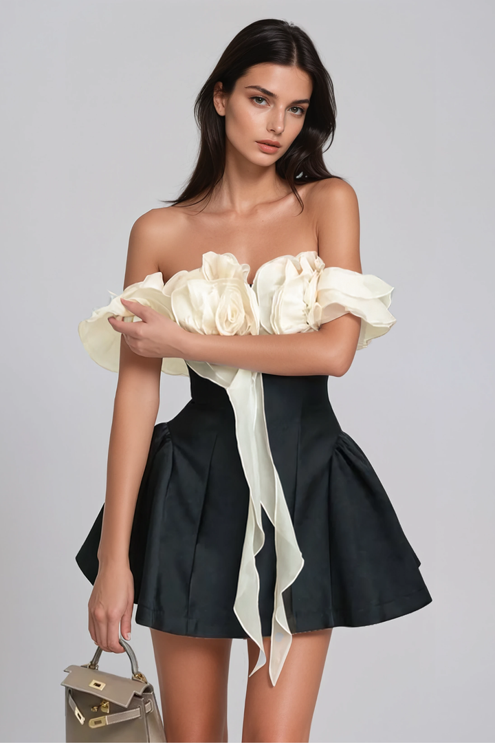 Florus Flower Off Shoulder Puffy Mini Dress