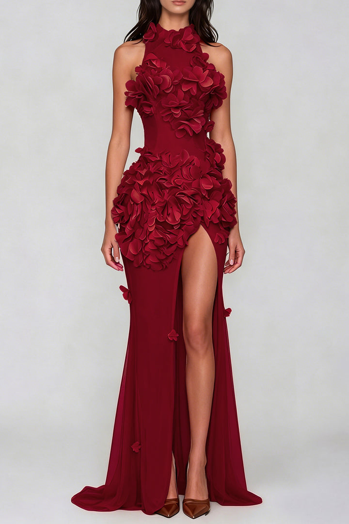 Kira Flower High Split Mesh Maxi Dress In Red