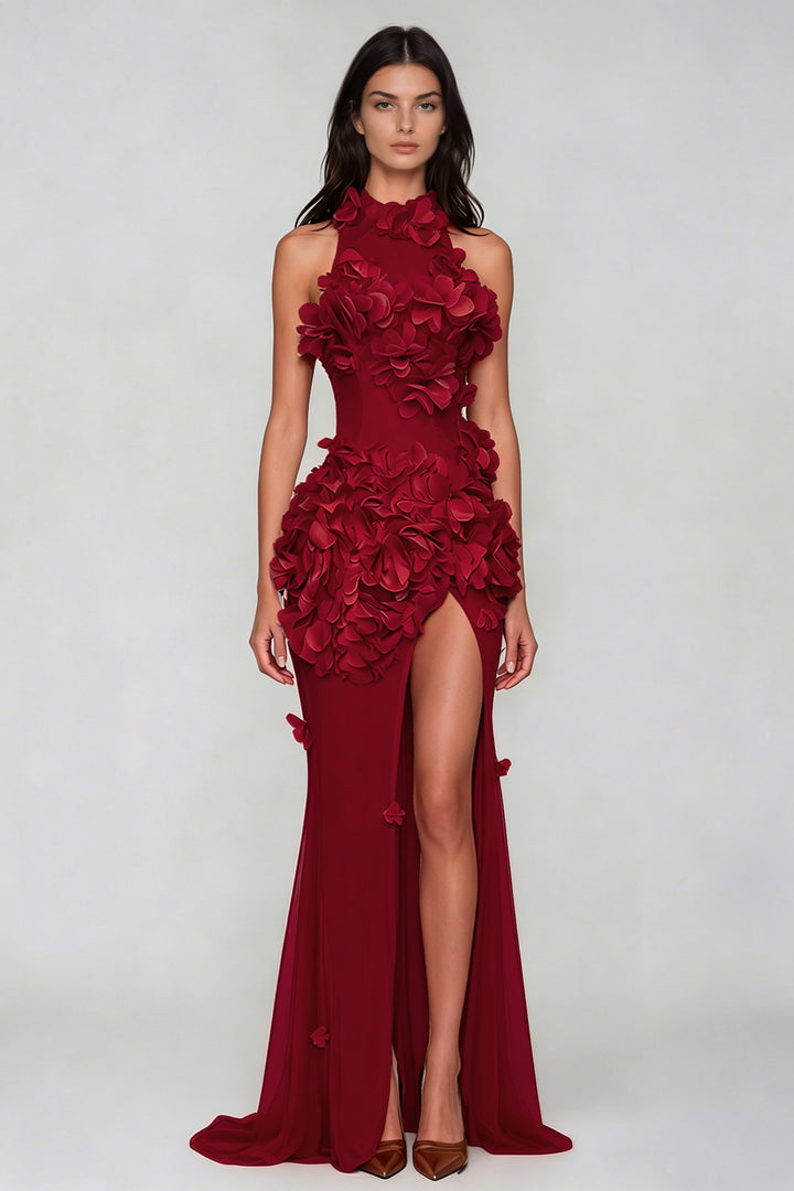 Kira Flower High Split Mesh Maxi Dress In Red