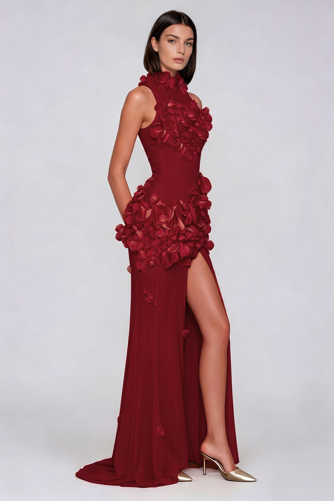 Kira Flower High Split Mesh Maxi Dress In Red