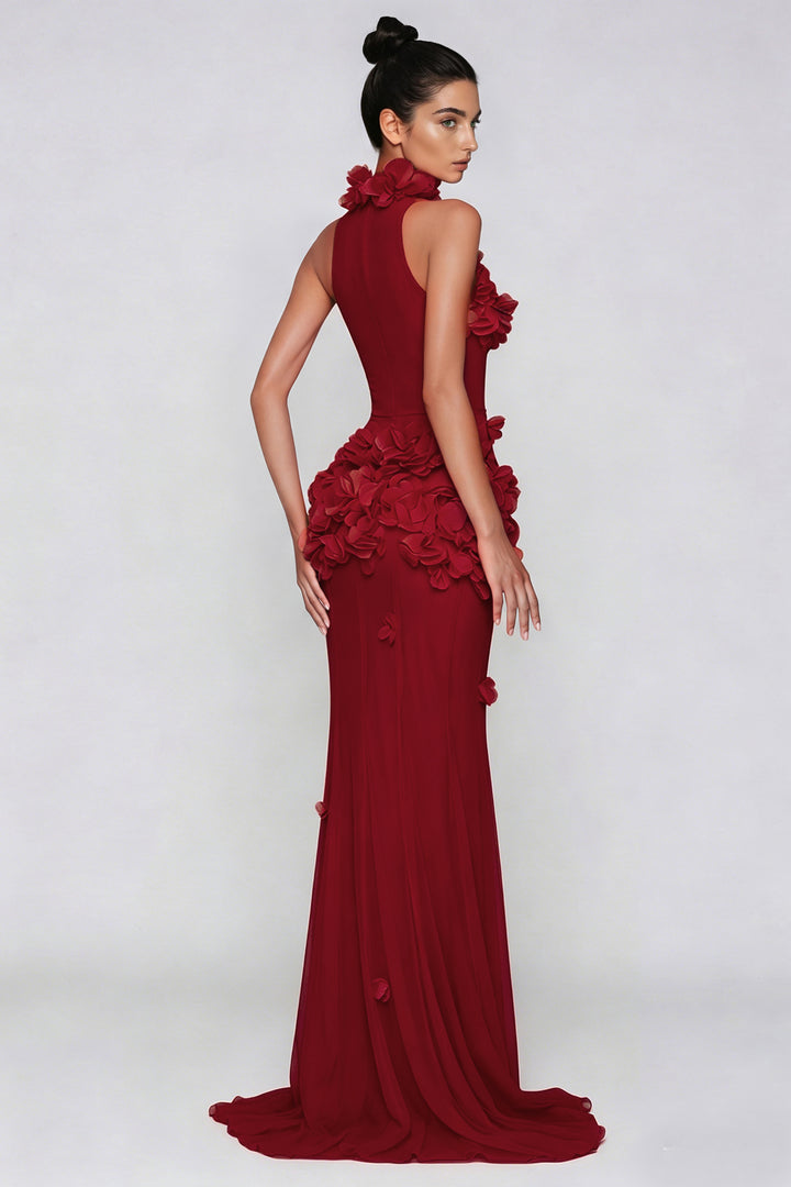 Kira Flower High Split Mesh Maxi Dress In Red