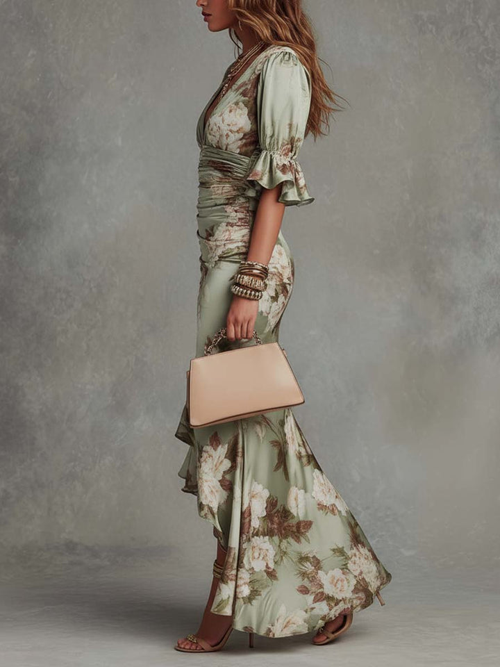 Bella | Long Satin Dress with Floral Print