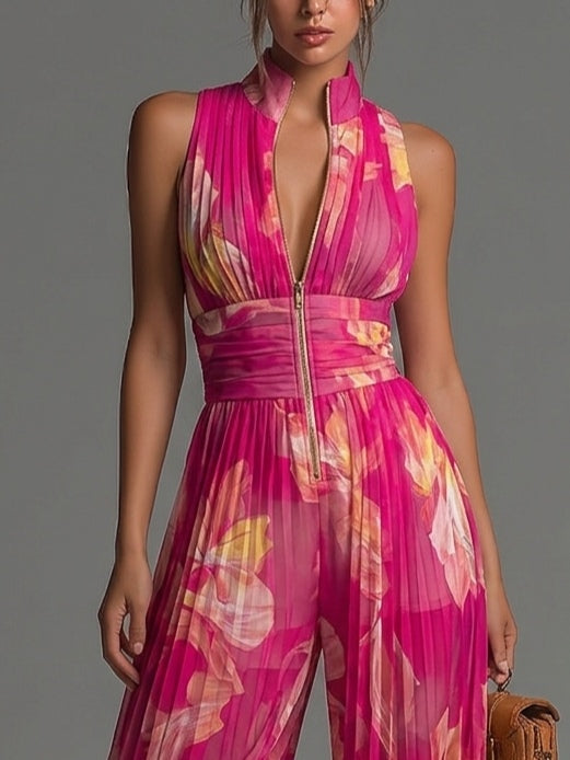 SOFIA JUMPSUIT | FUCHSIA FLORAL PLEATED CHIFFON