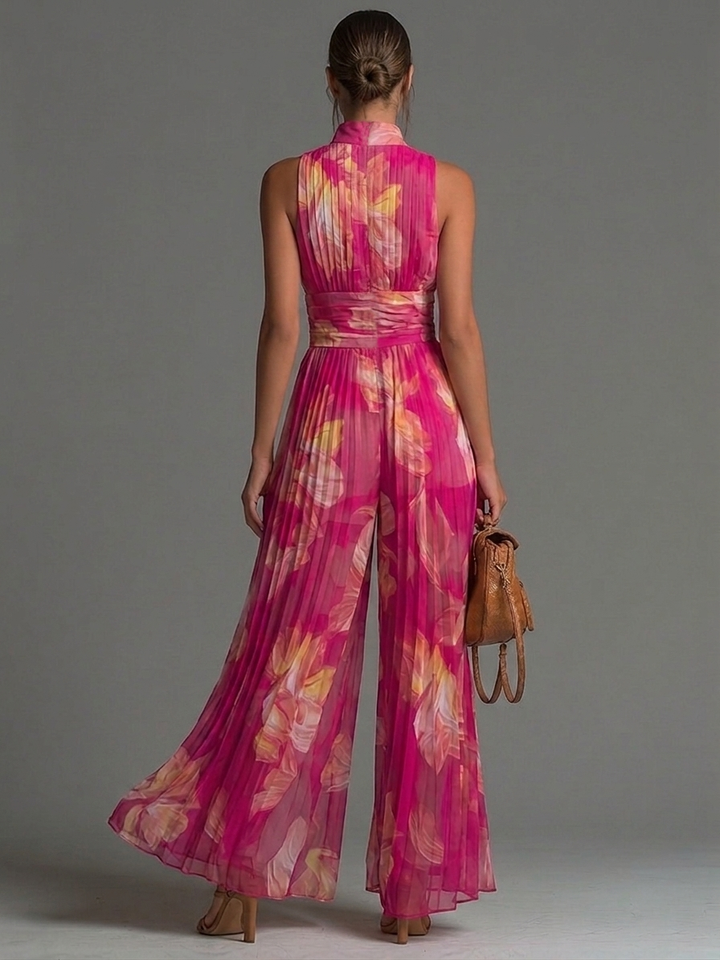 SOFIA JUMPSUIT | FUCHSIA FLORAL PLEATED CHIFFON