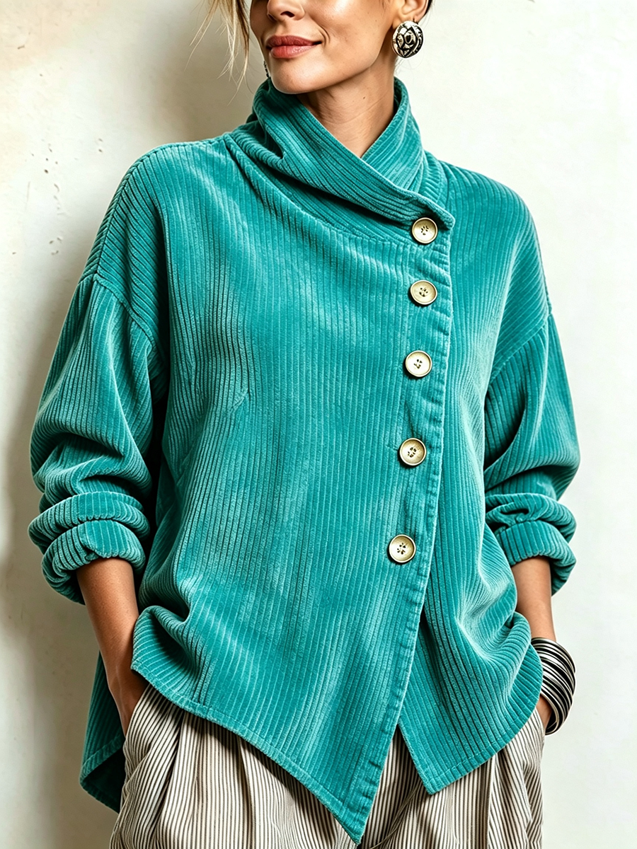 Nina™ | Asymmetric Button Corduroy Turtleneck