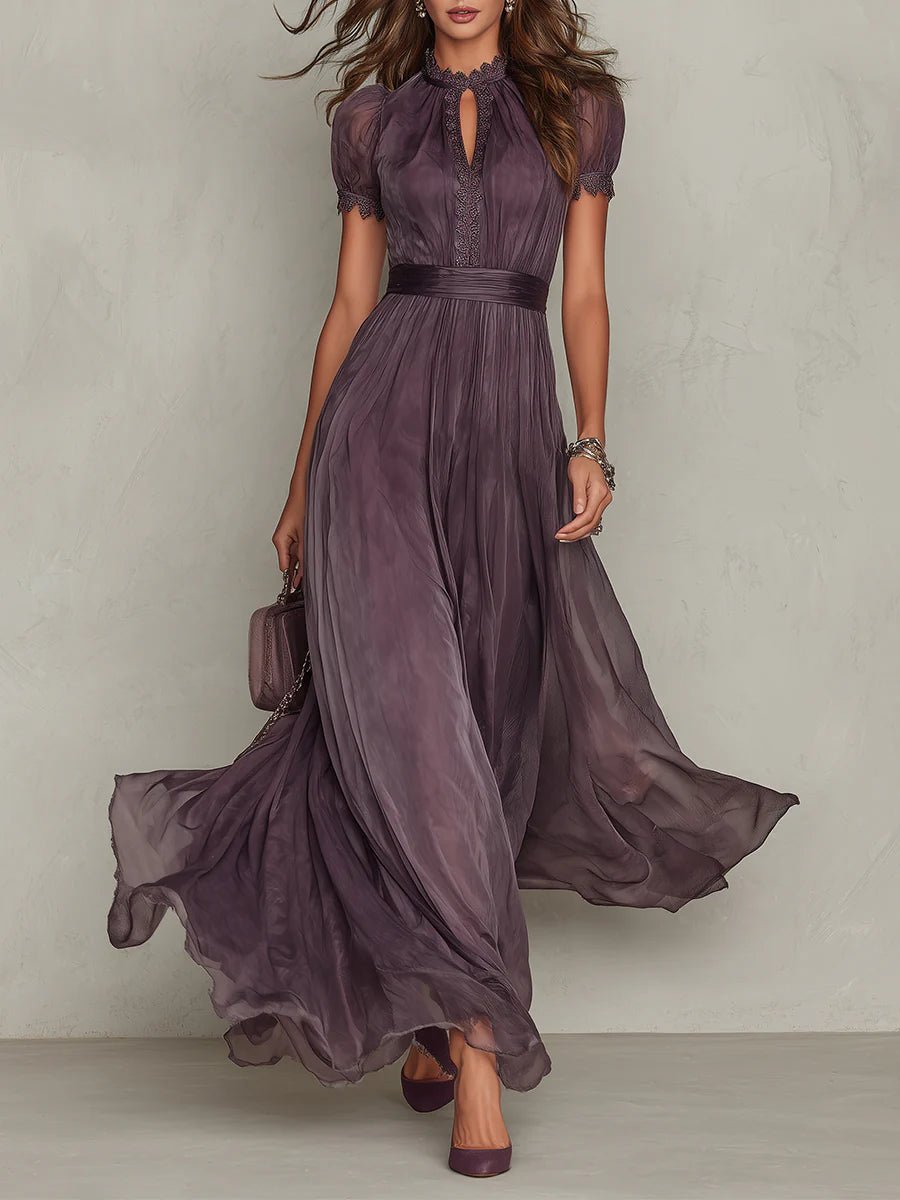 Florence | Keyhole Neckline Chiffon Lace Trim Maxi Dress