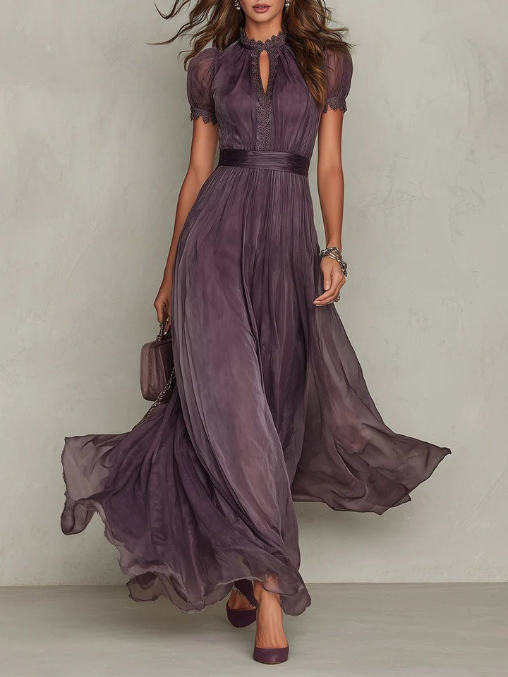 Florence | Keyhole Neckline Chiffon Lace Trim Maxi Dress
