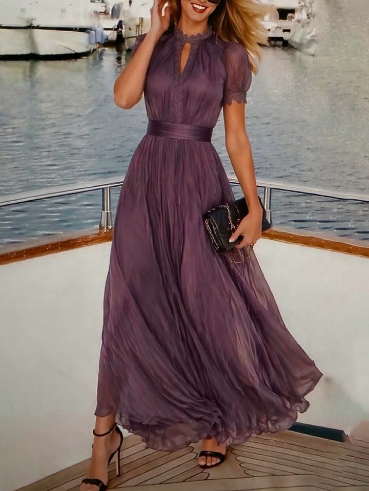 Florence | Keyhole Neckline Chiffon Lace Trim Maxi Dress