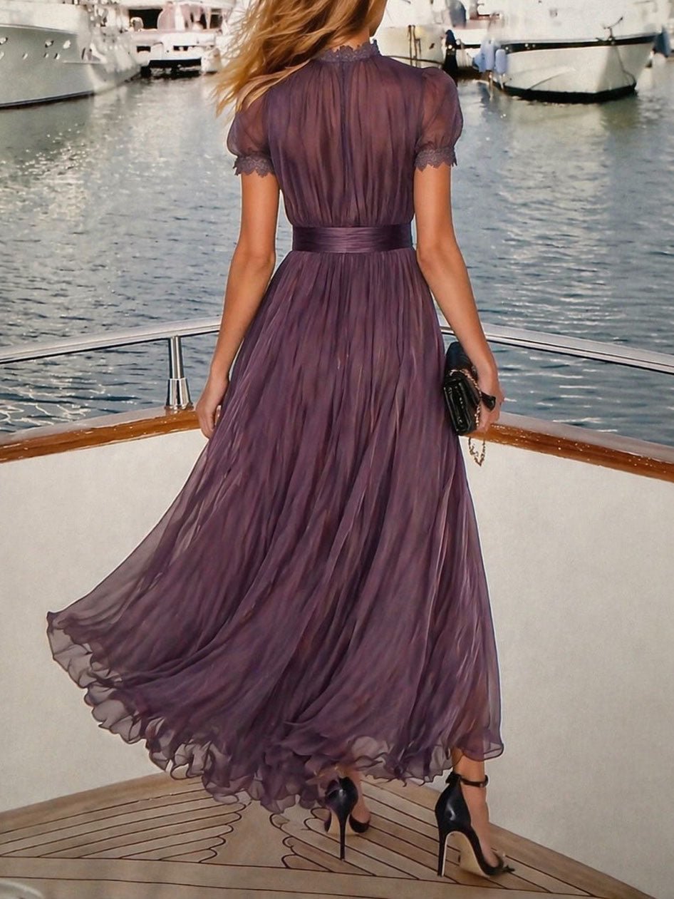 Florence | Keyhole Neckline Chiffon Lace Trim Maxi Dress