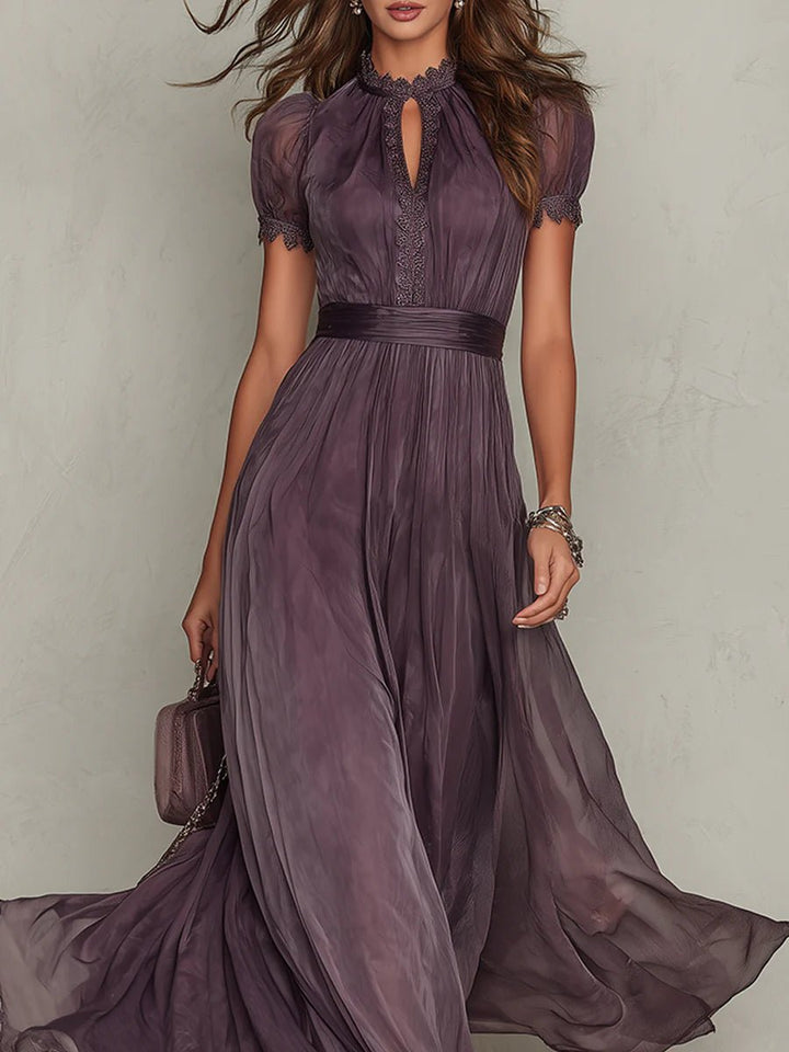 Florence | Keyhole Neckline Chiffon Lace Trim Maxi Dress